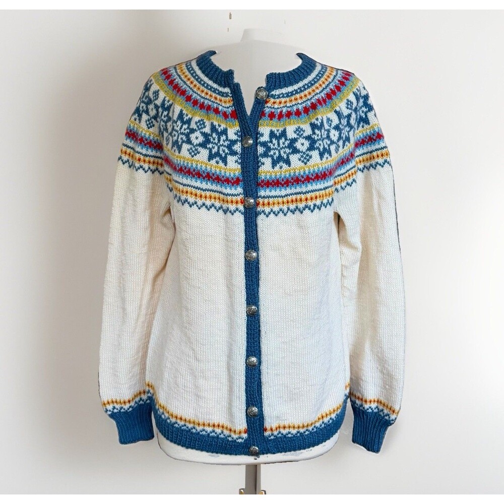 Norsk Husflid Sz M Cream Norway Wool Cardigan Fair Isle Sweater Silver Buttons